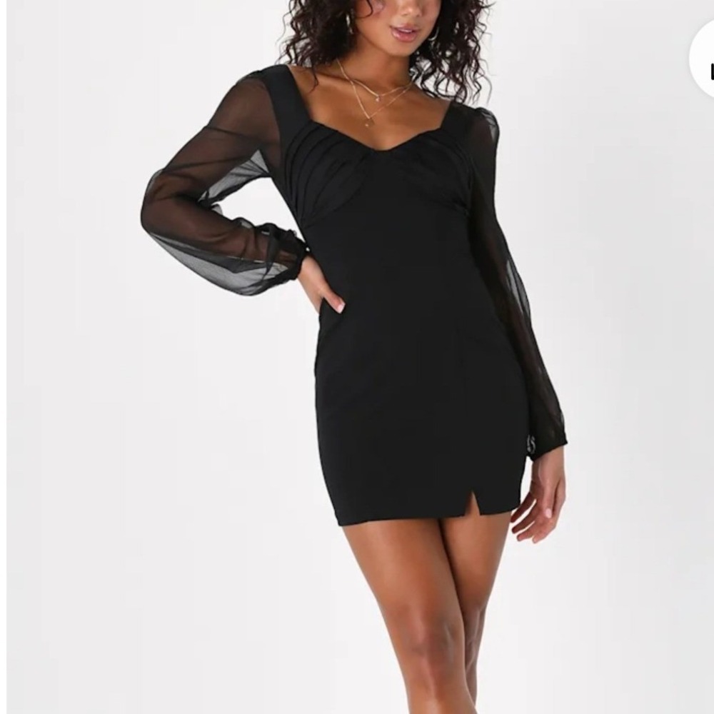Lulus In My Dreams Black Pleated Sheer Long Sleeve Bodycon‎ Mini Dress XL NWT